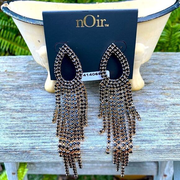 Noir Black & Gold Dangle Rhinestone Post Earrings. NWOT! - Picture 1 of 3